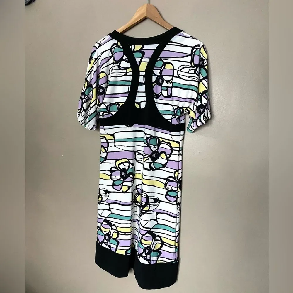 BCBG Max Azria dress floral funky modern mod A-line party work white black M EUC